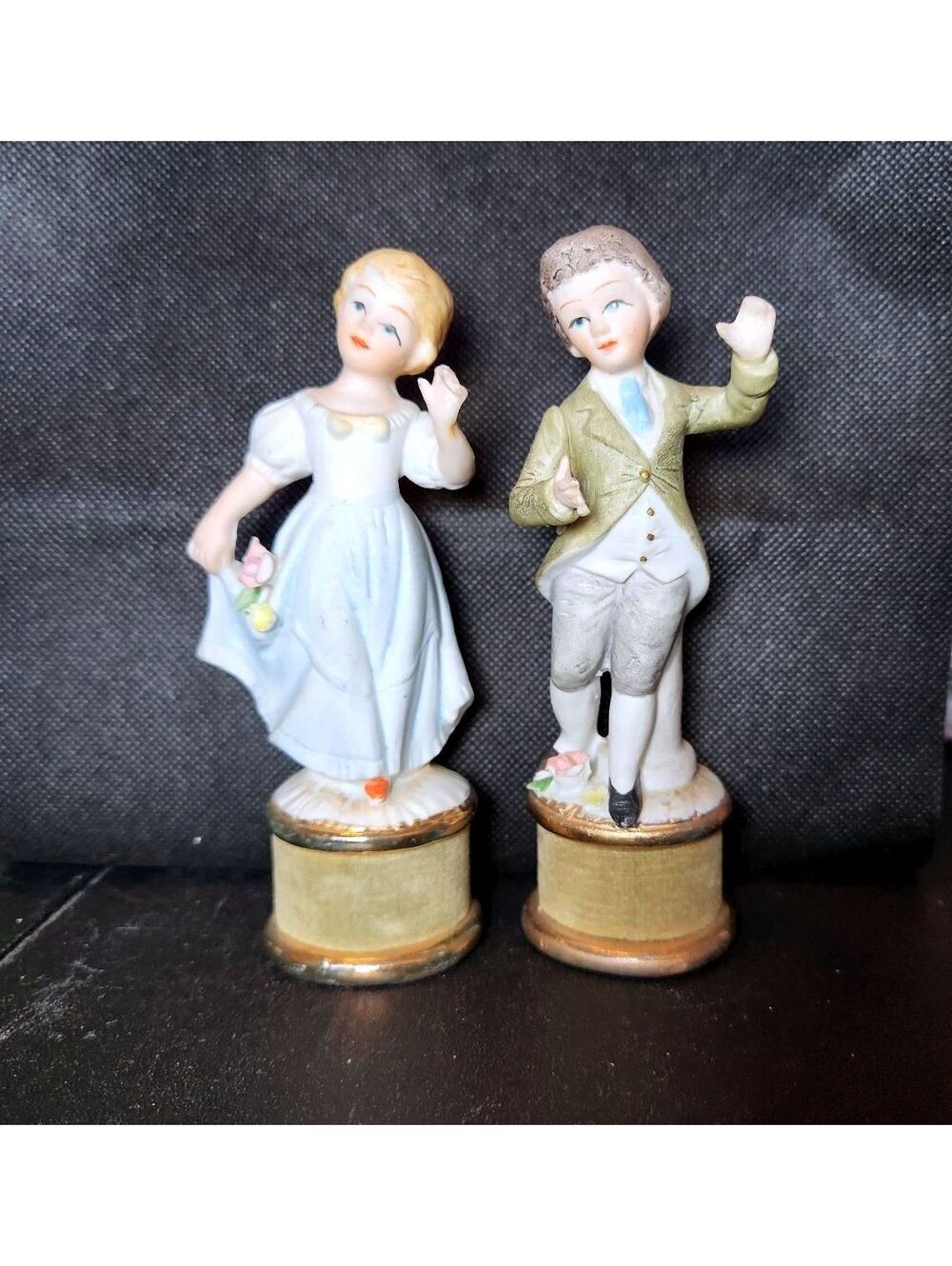 Lenwile Ardalt Dancing Boy & Girl Porcelain Figurines Velvet Base Pedestal #6278